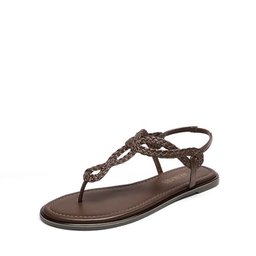 DREAM PAIRS Women's Flat Sandals Dressy Summer Stappy Comfortable Ankle Elastic T-Strap Beach Thong Sandals,Size 7,Brown,SDFS2406W