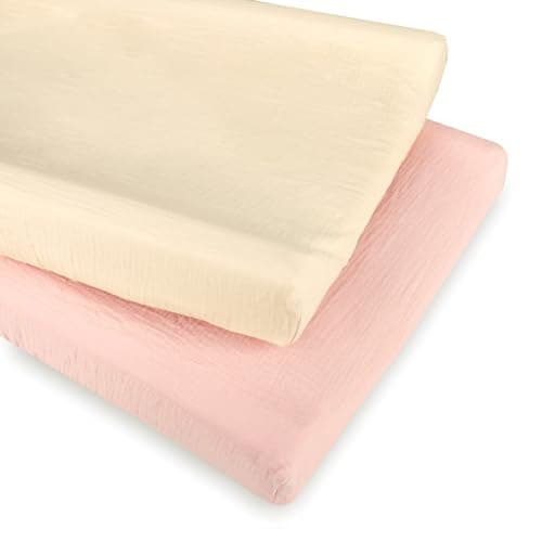 Hooyax Baby Changing Pad Cover 2-Pack, Muslin Soft Breathable Changing Table Pad Covers for Nursery, Easy Care Changing Pad Sheets for Girls and Boys(Pink, Wheat)