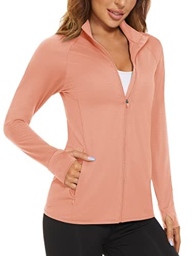 MAGCOMSEN UPF 50+ Sun Protection Long Sleeve Hiking Jackets Quick Dry Performance Athletic Workout Jacket with Thumb Holes Apricot M