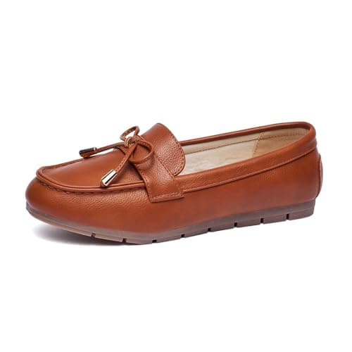 Vespiero Loafers for Women Slip On Flats Shoes Non Slip Work Shoes Comfort Soft Business Casual Walking Womens Loafers PU Brown Size 7 Wide Width