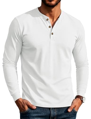 MAGCOMSEN Mens Henley Shirts Long Sleeve Casual Spring T-Shirt Soft Cotton Henley Long Sleeve T-Shirts White