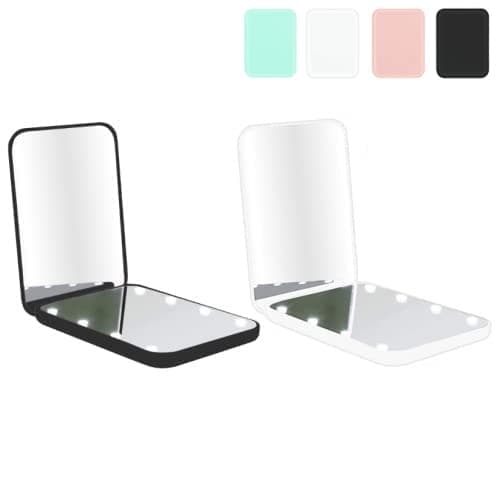 Milishow Compact Mirror, 1x/3x Magnifying LED Pocket Mirror, Small Lighted Travel Makeup Mirror for Purse, Handbag, Folding, Handheld, 2-Sided Mini Mirror with Lights for Women (Black+White 2 Pack)
