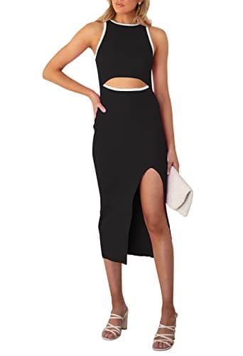 Pink Queen Women's Sleeveless Bodycon Dresses Crew Neck Cutout Side Slit Club Knit Midi Dresses Black M