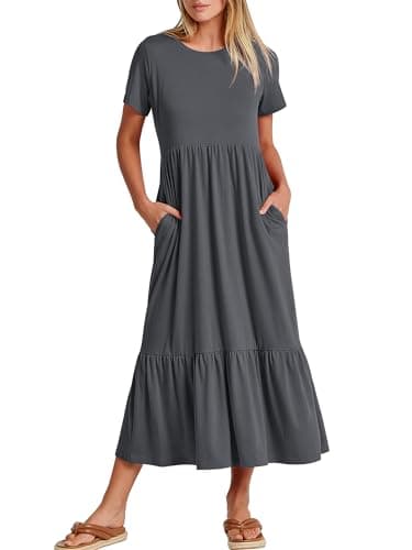 ANRABESS Womens 2026 Summer Casual Maxi Dress A line Tiered Flowy Short Sleeve Crewneck T Shirt Beach Travel Long Dresses XX-Large Gray Blue