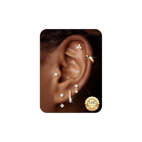 M MOOHAM 14K Gold Plated Earrings Stack for Women, Hypoallergenic Flat Back Studs Jacket Earrings Set Dainty Cz Cartilage Hoop Earring for Multiple Piercing, Jewelry Gifts for Women