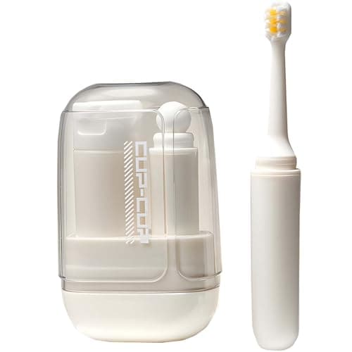 sacxi 3-in-1 Toothbrush Travel Case Kit - Foldable with Mouthwash Cup, Toothpaste Dispenser, Portable Tooth Brush Holder for Camping, Business Trips, and Daily Use (Cream)