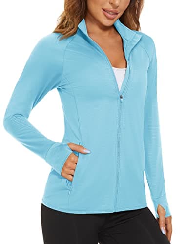 MAGCOMSEN Zip Up Lightweight Jacket for Women Sun Protection Athletic Shirts Long Sleeve Workout Jacket Light Blue S