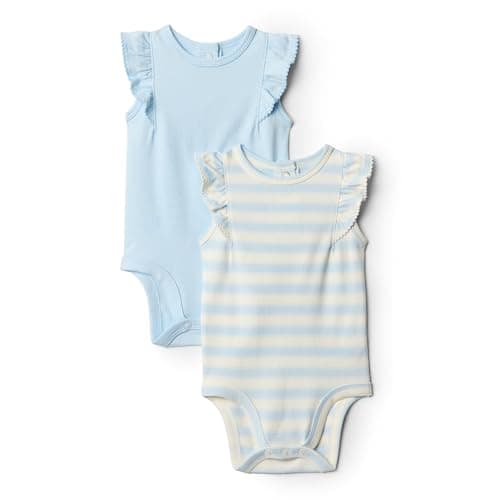 Amazon Essentials Baby Girls' Baby Girls' 2-Pack Sleeveless Ruffle Bodysuit, Light Blue/Stripe, 18 Months