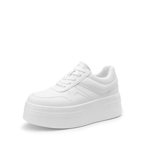DREAM PAIRS Women's Platform Fashion Lace Up Sneaker,White,7