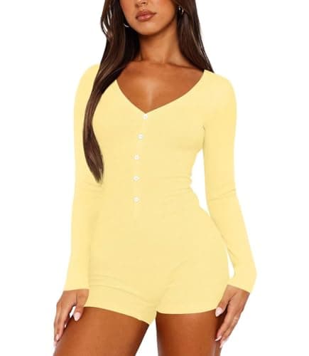 LEEDYA Women's Sexy Deep V Neck Jumpsuit Long Sleeve Gym Shorts Romper