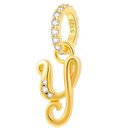 Alphabet CZ Letter Y Pendant Charm, 18K Yellow Gold Plated 925 Sterling Silver Initial Y Dangle Beads fit Pandora Customized Name Bracelet, Gift for Granny/Grand Daughter/Son