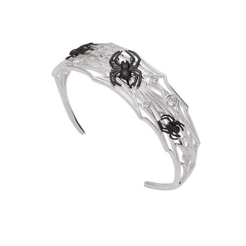 Alex and Ani Silver Cuff Bracelet - Spider Web Design with Black Spiders, Glows in the Dark, Crystal Accents, Spooky Halloween Jewelry, Nickel-Free