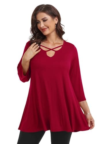 LARACE Criss Cross Tops For Women 3/4 Sleeve V Neck T-shirts Plus Size Tunic For Leggings Casual Fall Clothes(WineRed 3X)