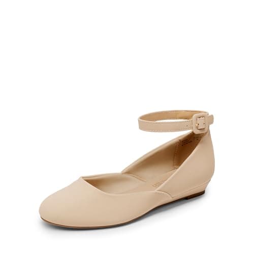 DREAM PAIRS Women's Dress Flats Ballet Low Wedge Round Toe Ankle Strap Comfortable Casual Flats Shoes,Size 5,Nude/Nubuck,REVONA