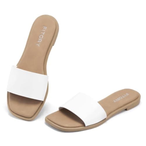 FITORY Women's Slide Sandals Fashion Square Open Toe with Cushioned Footbed Slippers for Beach Size 8 White