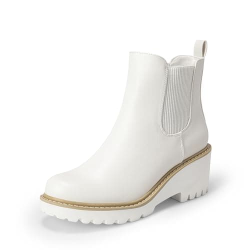 DREAM PAIRS Women's Wedge Chelsea Ankle Boots Fashion Round Toe Low Wedge Heel Platform Booties Shoes,Size 9.5,White-Pu,SDAB2403W
