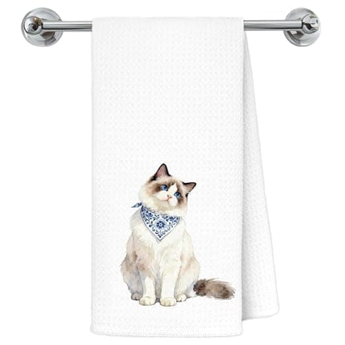 Exqcom Blue and White Chinoiserie Bandana Ragdoll Cat Kitchen Towels, Ragdoll Cat Gifts Dish Tea Towels for Kitchen, Cats Lover Mom Gifts Decorative Hand Towel Bathroom Yoga Spa Decor, 16x24 Inch