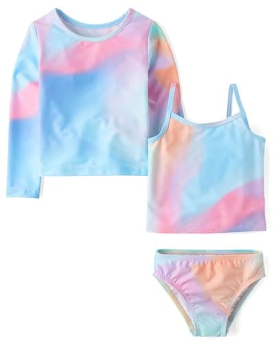 The Children's Place,Baby Girls,and Toddler Long Sleeve Rashguard and Tankini Swimsuit, 3 Piece Set,Gulf Blue,12 Months,18 Months