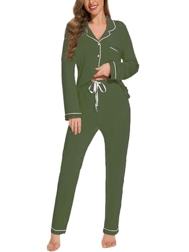 Yoolfine Womens Pjs Sets V-neck Sleepwear Long Sleeve Button Down Pajama Sets for Women, Olive Green, XXL