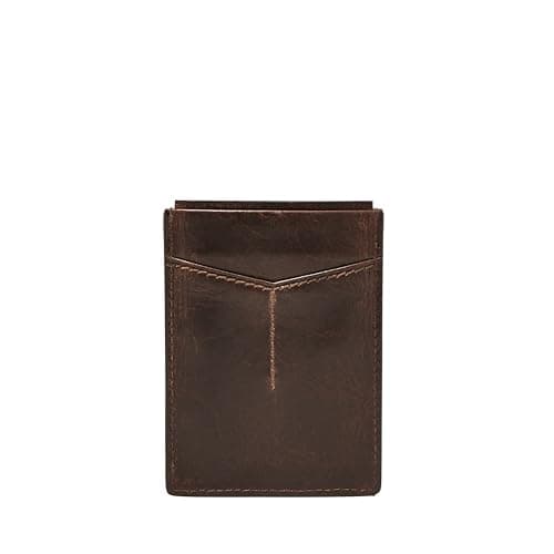 Fossil Men's Wallet, Derrick Leather RFID-Blocking Magnetic Card Case with Money Clip Wallet, Dark Brown