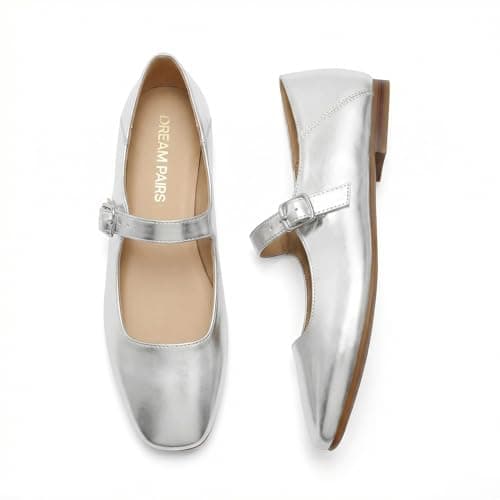 DREAM PAIRS Women's Flats Square Toe Mary Jane Flats Comfortable Casual Dress Shoes Ballet Flats with Buckle Strap Casual Work Office Mary Jane Shoes,Size 7,Silver,DWUMFA2520