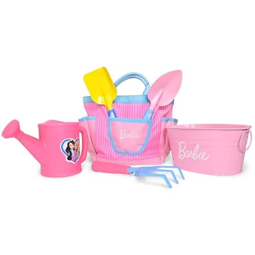 Barbie Garden Set – Real Gardening Tools for Kids with Watering Can, Metal Tools, Flower Pot and Storage Bag – Pink Tool Playset for Outdoors, 6 Pieces