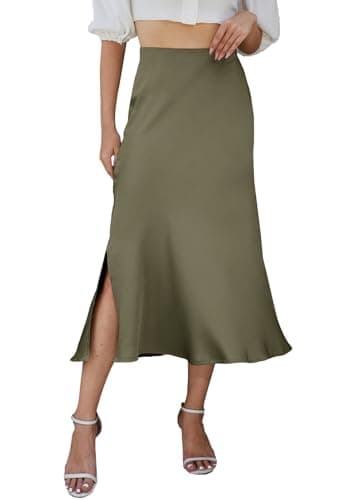 HERBATOMIA Women’s Midi Satin Side Slit Skirt High Elastic Waisted Fishtail Solid Elegant Green Summer2025 Skirts for Women