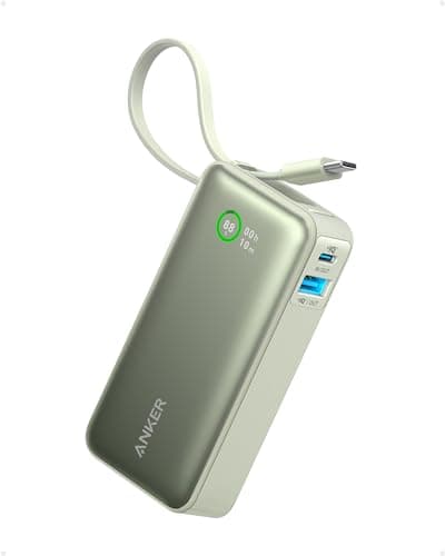 Anker Nano Power Bank, 10,000mAh Portable Charger with Built-in USB-C Cable, 30W Recharging, 30W Max Output with USB-C&A, for iPhone 17/16 / 15 Series, MacBook, Galaxy, AirPods, and More