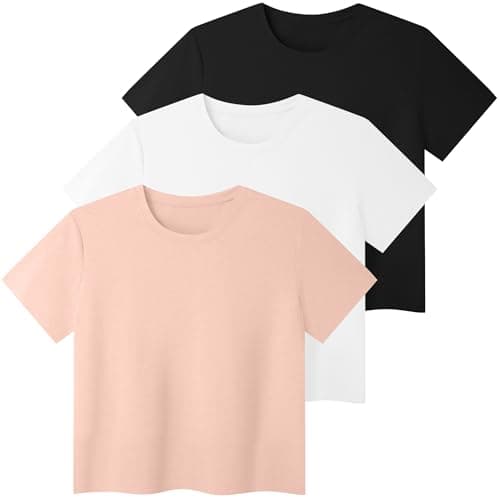 HovSiyla 3 Pack Women Crop Workout Tops Crew Neck Short Sleeve T Shirts Athletic Gym Running Hiking Sports Casual Tees Black White Pink XX-Large