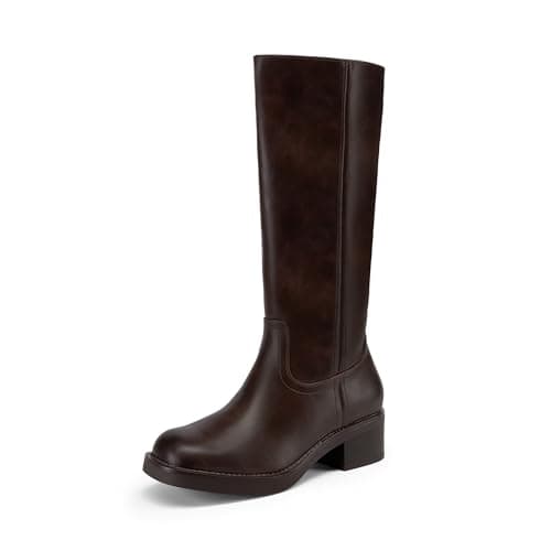 DREAM PAIRS Womens Knee High Boots Square Toe Platform Chunky Block Heel Banana Campus Boots for Women Comfortable Low Heel Side Zipper Womens Riding Tall Boots,Size 6,Dark Brown,DWUMKB2539