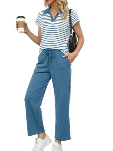Glamaker Women 2 Piece Loung Set Summer Striped Two Piece Sweatsuit Casual Sweat Sets Loose Matching Travel Outfit(Striped Grey Blue,Medium)