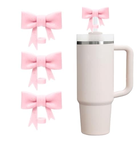 CDYLDXG 3Pcs Glitter Straw Covers for Stanley Cup, 10mm Bow Straw Topper, Silicone Cap Dust Plug for 30oz & 40oz Tumblers, Tumbler Accessories Gift for Women(Pink)