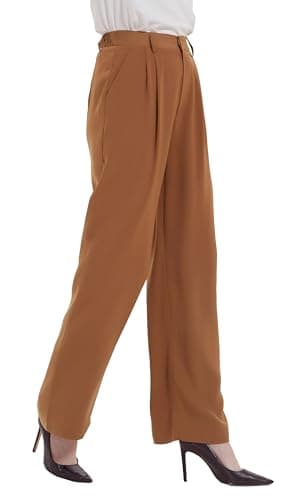 Tronjori Women High Waist Casual Straight Leg Long Business Work Suit Dress Pants Wide Leg Trousers Regular Waistband(8,Brown)