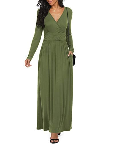LILBETTER Women's Solid Long Maxi Casual Dress Deep V Neck Long Sleeve with Pockets Basic Dresses(Army Green,XX-Large)
