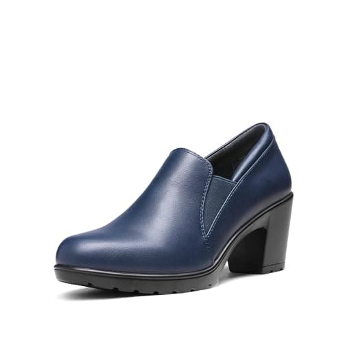 DREAM PAIRS Women's Low Chunky Block Heels Pumps Comfortable Slip-on Heeled Loafers Dress Work Shoes for Office Business LOLA,Size 7,Navy,DPU214