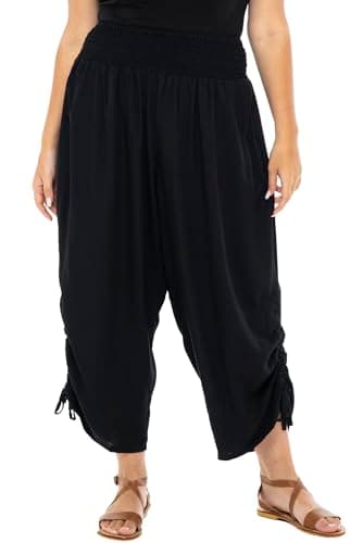 Back From Bali Womens Plus Size Wide Leg Cropped Pants Loose Flowy Black Boho Smocked Waist Rayon Coverup Capris 3X