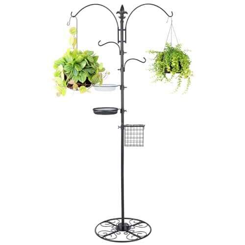 MorningRo Adjustable Shepherd Hook Stand, 34"- 55" Black Iron Shepherd Hook with Base for Plant Hanging, Wind Chime & Bird Feeder - Outdoor Garden Porch Decoration(Classic Style)