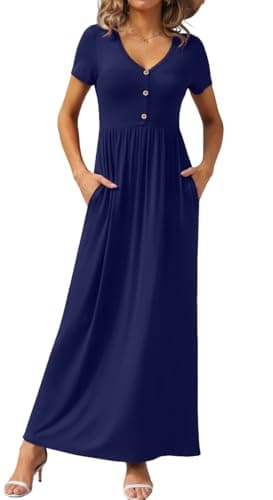 GRECERELLE Womens Summer Long Maxi Dress V Neck Short Sleeve Decorative Buttons Casual Dresses with Pockets, Navy Blue, 2XL