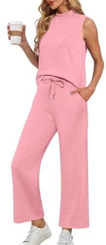 Lepunuo Women's Summer 2 Piece Outfits Mock Neck Top Wide Leg Pants Lounge Sets Vacation Travel Outfits Matching sets