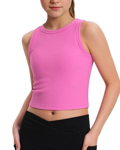 JOCMIC Girls Athletic Tank Tops, Ribbed High Neck Sleeveless Cropped Top for Kids Gym Dance Workout Rose Red 13-14 Years