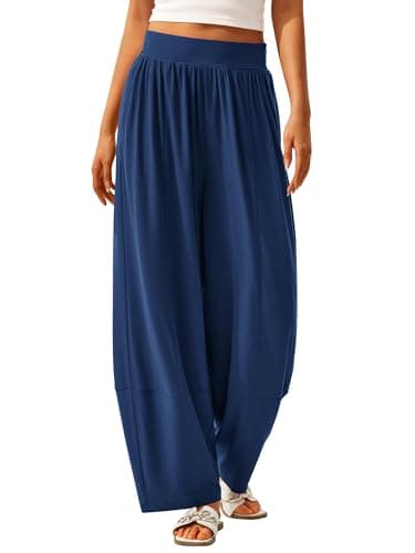 MASCOMODA Women Casual Wide Leg Palazzo Lounge Pants Comfy Soft Loose Flowy Yoga Pants Smocked High Waisted Barrel Sweatpants(Blue,X-Large)