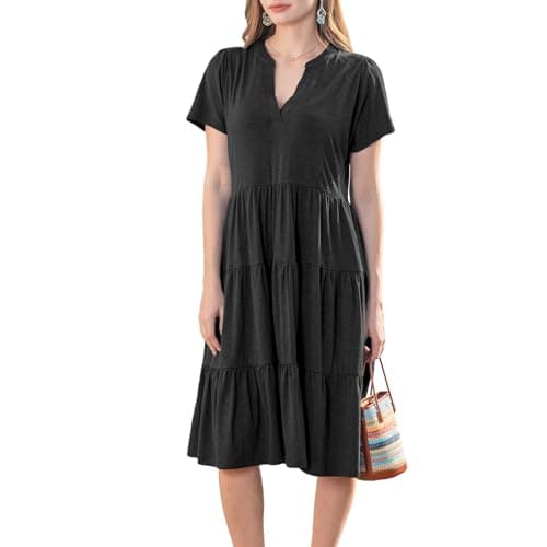 Quatrefox Womens Summer Dress Short Sleeve V Neck Midi Dresses Fashion Casual Fit Flowy Tiered Boho Beach Vacation Black