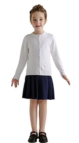 SMILING PINKER Girl School Uniform Sweater Anti-Pill Cotton Cardigan Crew Neck(White,8-9 Years)