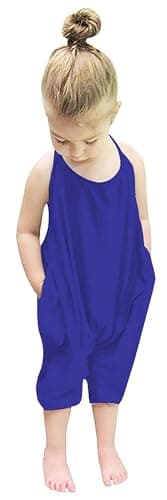 Lindanina Slouch Jumpsuit for Toddlers Harem Strap Romper Little Girls Backless Halter Playsuit with Pockets Kid Summer Cute Solid One Piece(Blue, 1-2T)