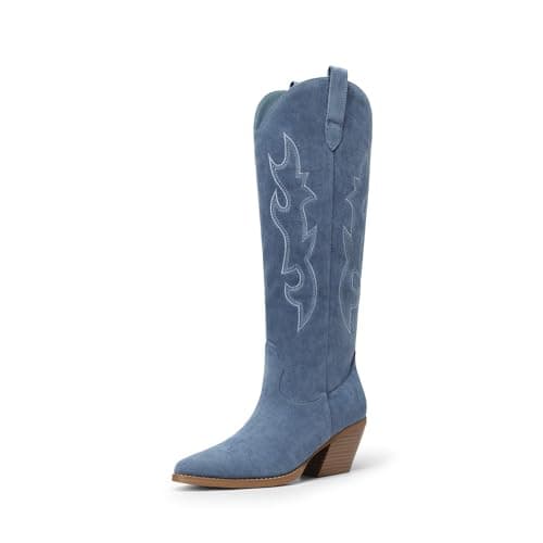DREAM PAIRS Cowgirl Boots Women Knee High Cowboy Boots Pointed Toe Chunky Block Heel Suede Tall Western Boots with Embroidered,Size 10,Blue,SDKB26001W