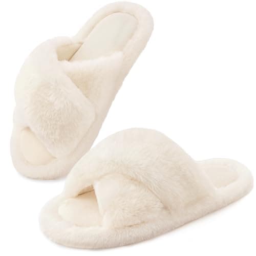 Snug Leaves Women's Fluffy Cross Band Open Toe Slippers with Indoor Outdoor Non Slip Sole Elegant White,7-8 US