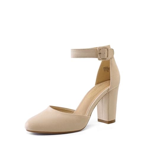 DREAM PAIRS Women's High Heel Ankle Strap Closed Toe Chunky Wedding Party Pumps Shoes,Size 5.5,Nude/Suede,Angela