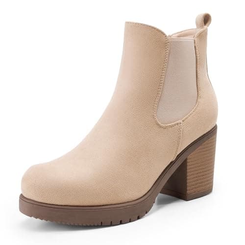DREAM PAIRS Women's High Chunky Heel Chelsea Ankle Boots Slip On Elastic Fall Heeled Booties Shoes,Size 6.5,Nude-Suede,FRE