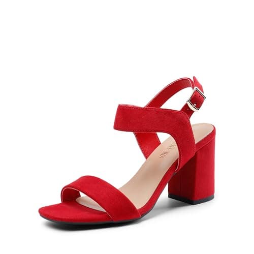 DREAM PAIRS Women's High Chunky Heels Square Toe Block Ankle Strap 3 inch Comfortable Heeled Sandals For Formal Wedding Party Dress,Size 7,Red-Suede,SDHS2359W