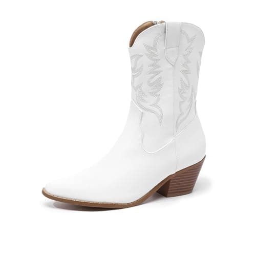 Amoji Women Western Cowboy Boots Cowgirl Mid Calf Boots Pointed Square Toe Pull On FZD307 White Size 10